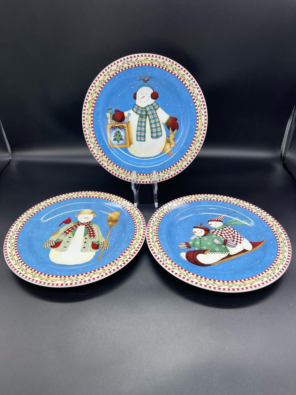 Vintage Sakura Debbie Mumm Jolly Snowman Set of 3 Salad Plates 8.25”
